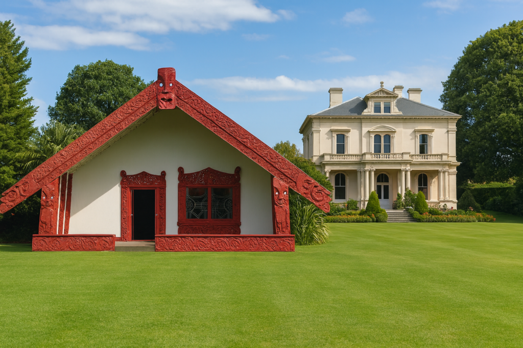 A photo of a wharenui built aside a two storey stately home sharing the same lawn and grass area.